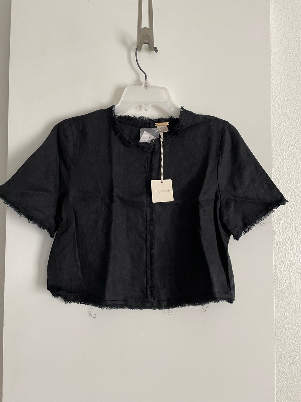 Magaschoni Linen Cropped Black Short Sleeve Crew Neck T Shirt Top NWT